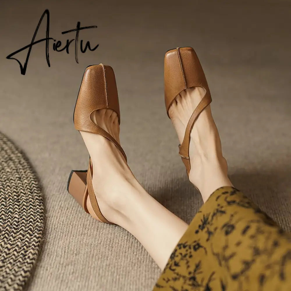 Summer New Simple Ladies Slingbacks Dress Shoes Back Strap Genuine Leather Square Toe Sandals Woman Thick High Heel Sandals Aiertu