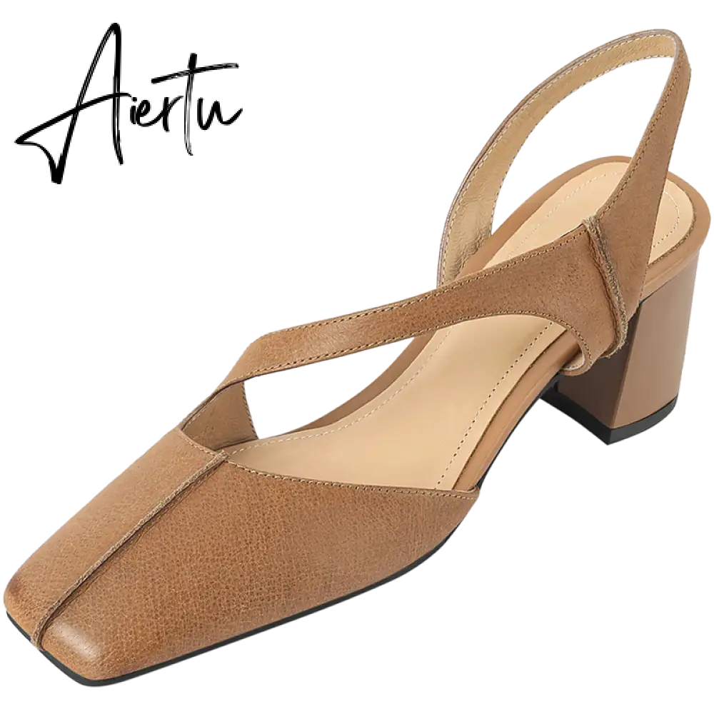 Summer New Simple Ladies Slingbacks Dress Shoes Back Strap Genuine Leather Square Toe Sandals Woman Thick High Heel Sandals Aiertu