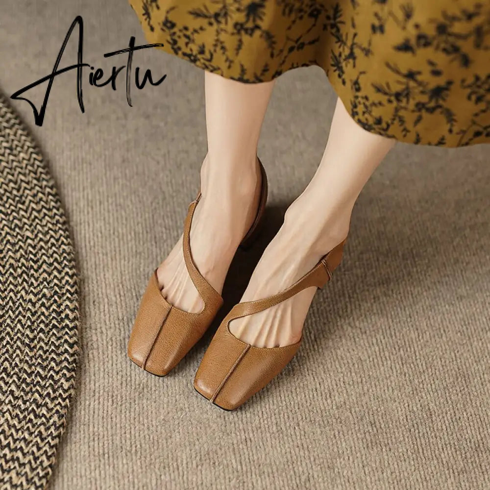 Summer New Simple Ladies Slingbacks Dress Shoes Back Strap Genuine Leather Square Toe Sandals Woman Thick High Heel Sandals Aiertu