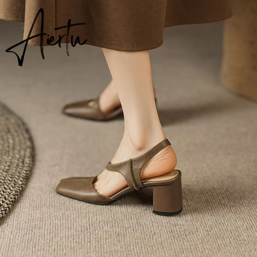 Summer New Simple Ladies Slingbacks Dress Shoes Back Strap Genuine Leather Square Toe Sandals Woman Thick High Heel Sandals Aiertu