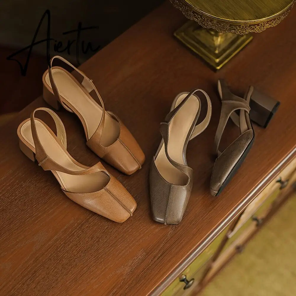 Summer New Simple Ladies Slingbacks Dress Shoes Back Strap Genuine Leather Square Toe Sandals Woman Thick High Heel Sandals Aiertu