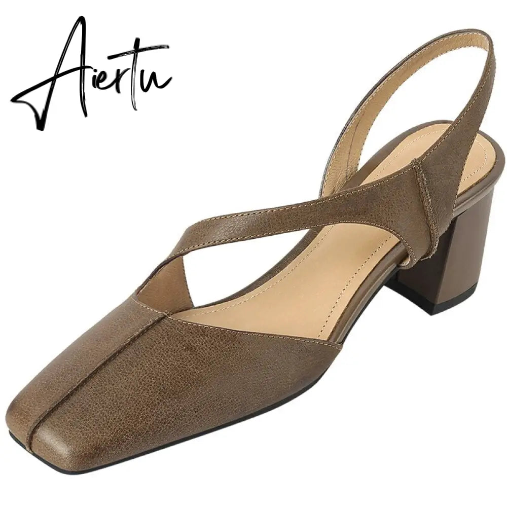 Summer New Simple Ladies Slingbacks Dress Shoes Back Strap Genuine Leather Square Toe Sandals Woman Thick High Heel Sandals Aiertu
