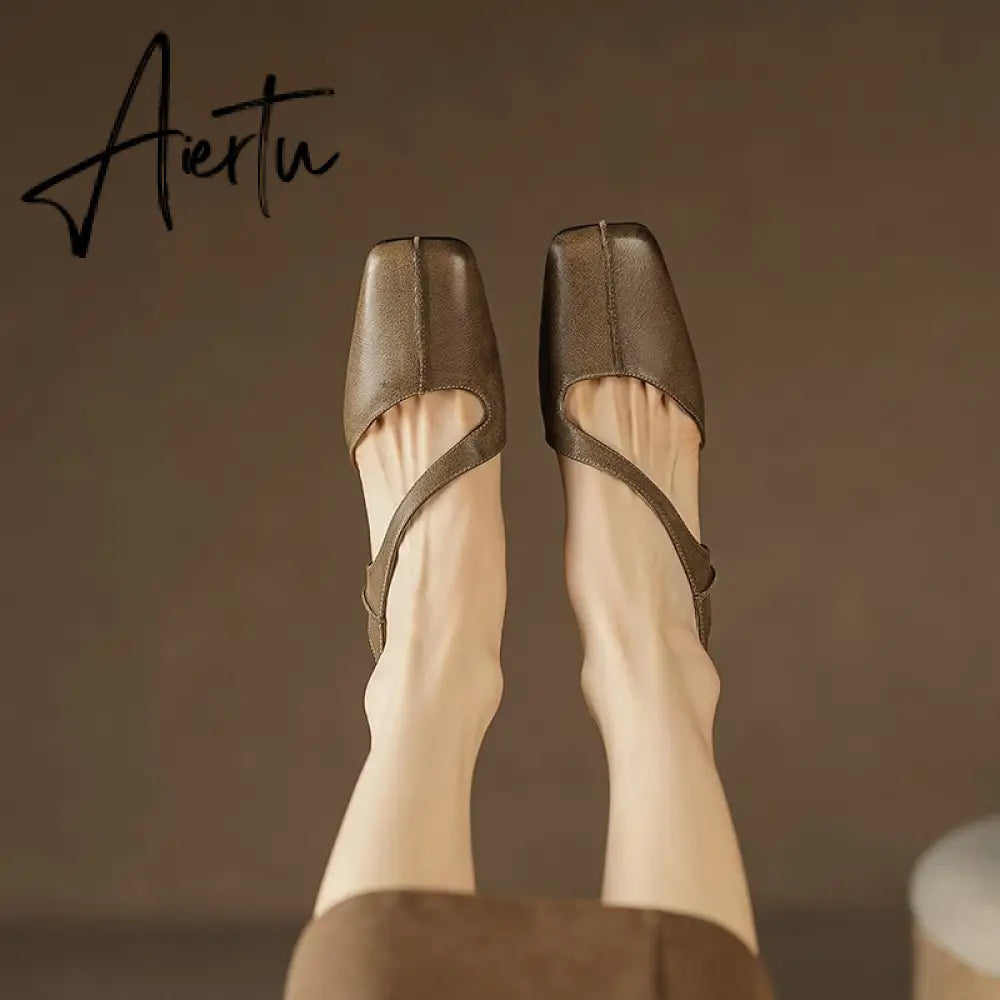 Summer New Simple Ladies Slingbacks Dress Shoes Back Strap Genuine Leather Square Toe Sandals Woman Thick High Heel Sandals Aiertu