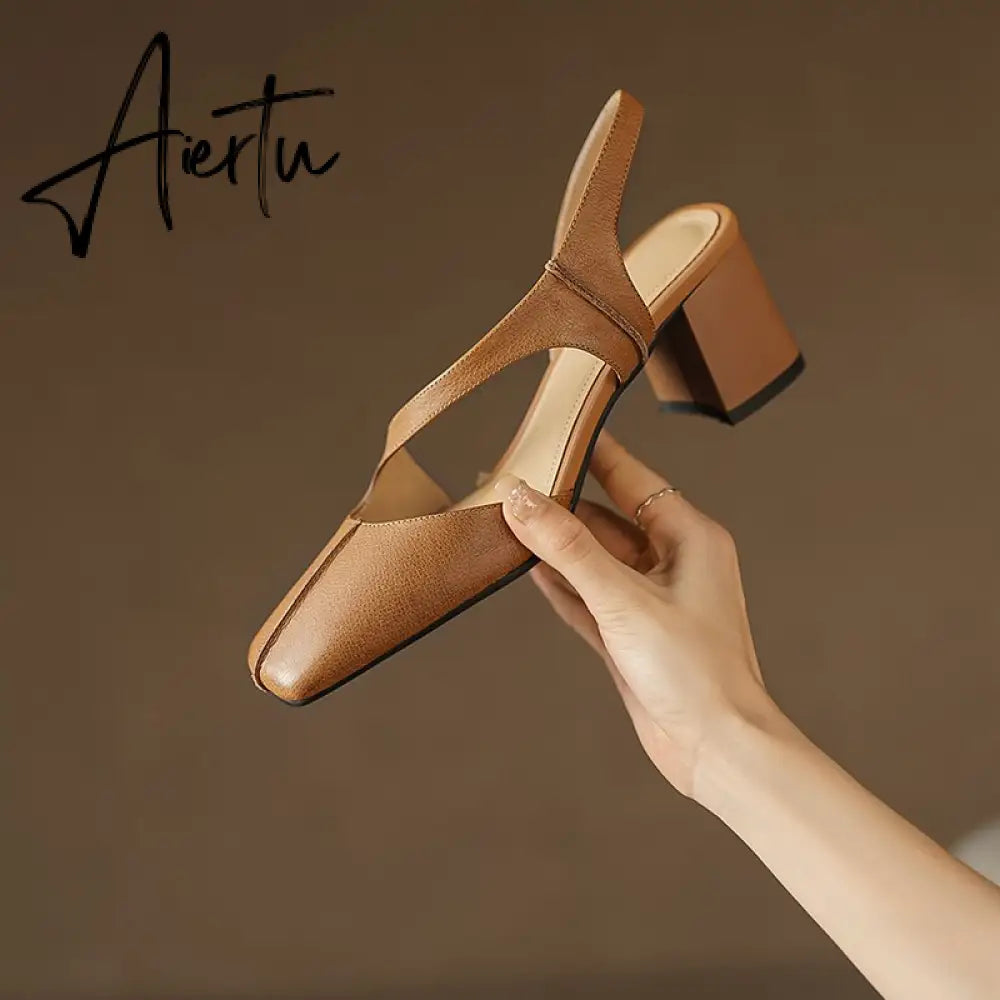 Summer New Simple Ladies Slingbacks Dress Shoes Back Strap Genuine Leather Square Toe Sandals Woman Thick High Heel Sandals Aiertu