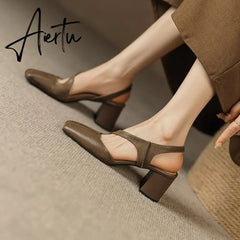 Summer New Simple Ladies Slingbacks Dress Shoes Back Strap Genuine Leather Square Toe Sandals Woman Thick High Heel Sandals Aiertu