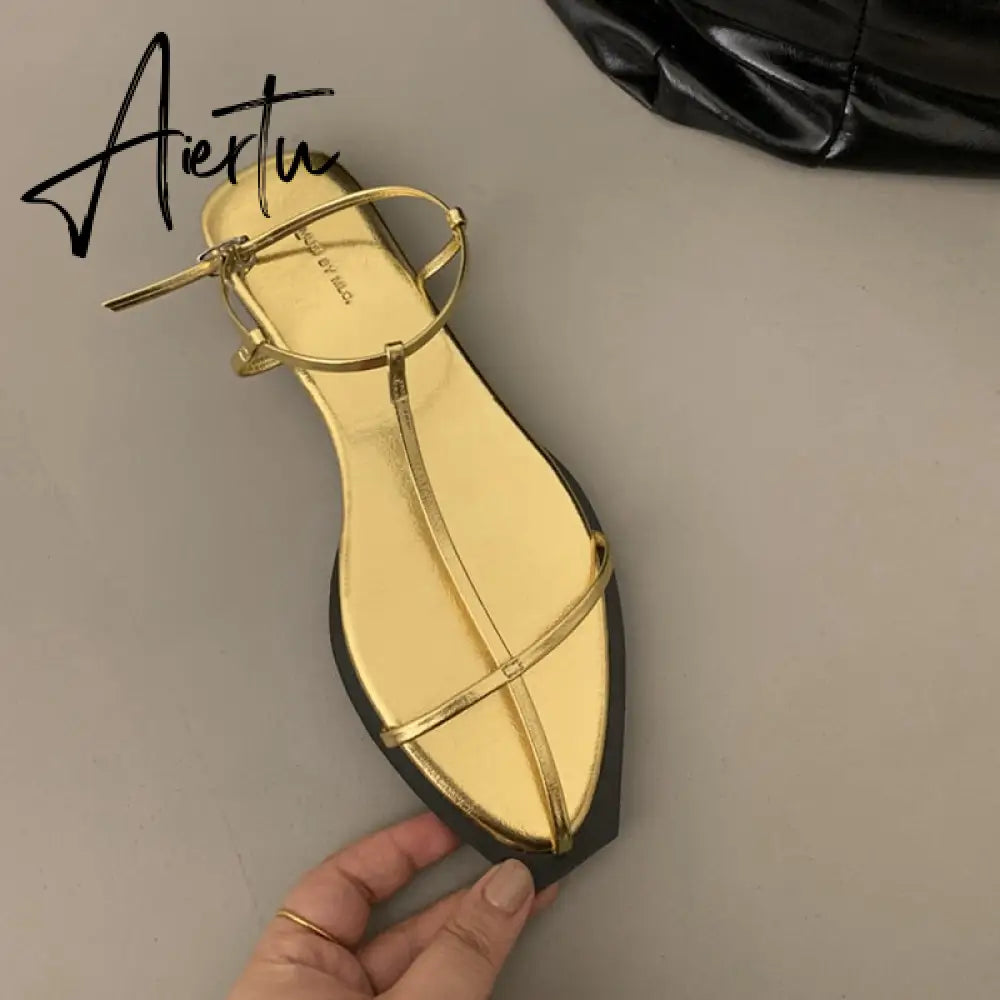 Summer New Women Sandal Fashion Gold Narrow Band Ladies Dress Slides Flat Heel Outdoor Dress Sandal Slipper Shoes Aiertu