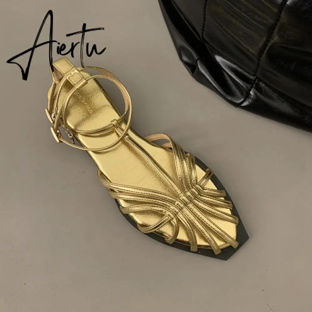 Summer New Women Sandal Fashion Gold Narrow Band Ladies Dress Slides Flat Heel Outdoor Dress Sandal Slipper Shoes Aiertu