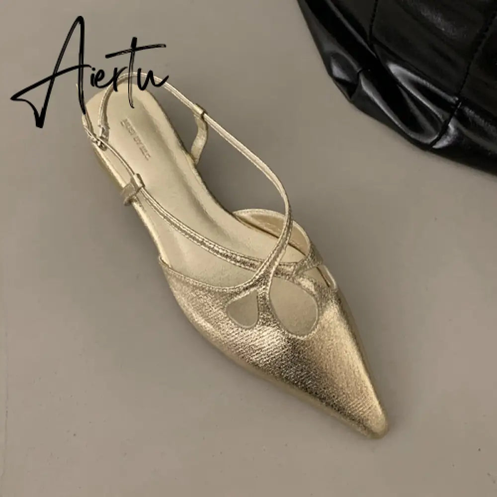 Summer New Women Sandal Fashion Gold Narrow Band Ladies Dress Slides Flat Heel Outdoor Dress Sandal Slipper Shoes Aiertu