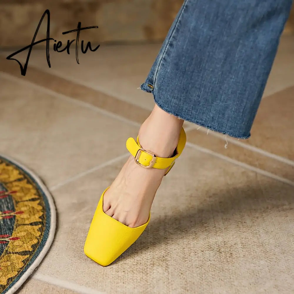 Summer New Women Shoes Square Toe High Heels Cover Heel Shoes Women Genuine Leather Women Sandals Concise Retro Mary Janes Aiertu