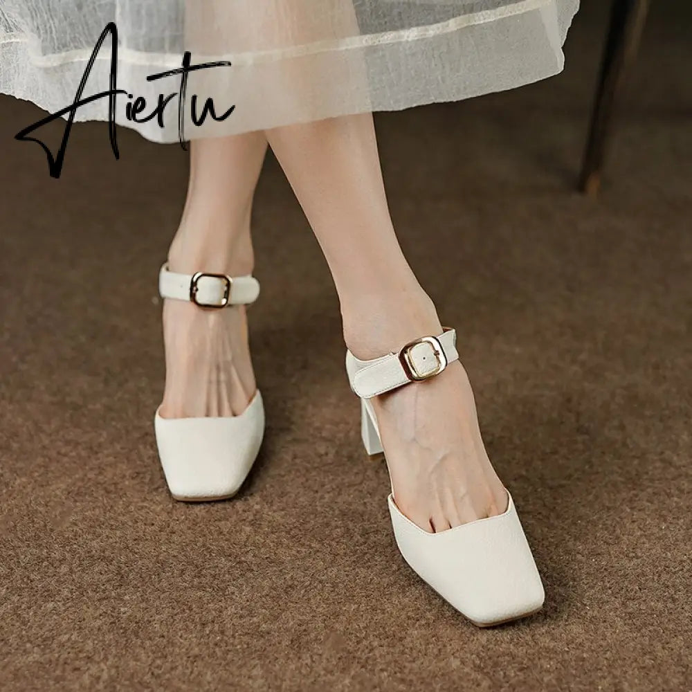 Summer New Women Shoes Square Toe High Heels Cover Heel Shoes Women Genuine Leather Women Sandals Concise Retro Mary Janes Aiertu