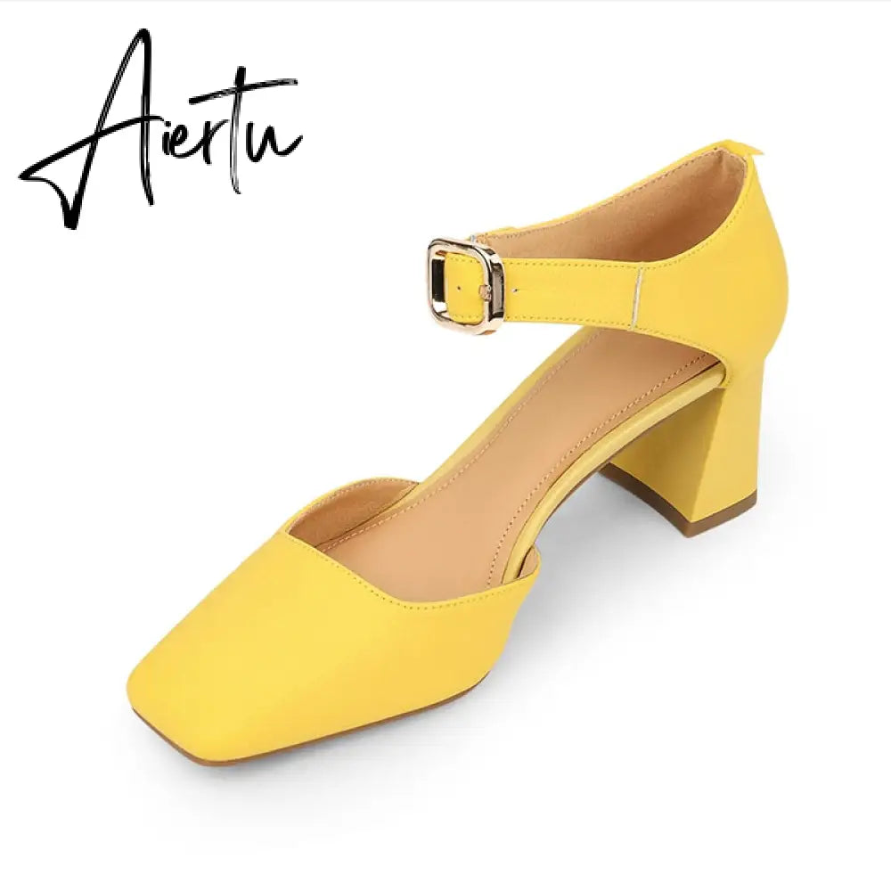 Summer New Women Shoes Square Toe High Heels Cover Heel Shoes Women Genuine Leather Women Sandals Concise Retro Mary Janes Aiertu