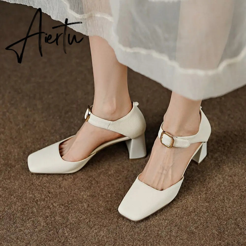Summer New Women Shoes Square Toe High Heels Cover Heel Shoes Women Genuine Leather Women Sandals Concise Retro Mary Janes Aiertu