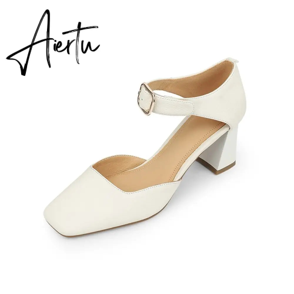 Summer New Women Shoes Square Toe High Heels Cover Heel Shoes Women Genuine Leather Women Sandals Concise Retro Mary Janes Aiertu