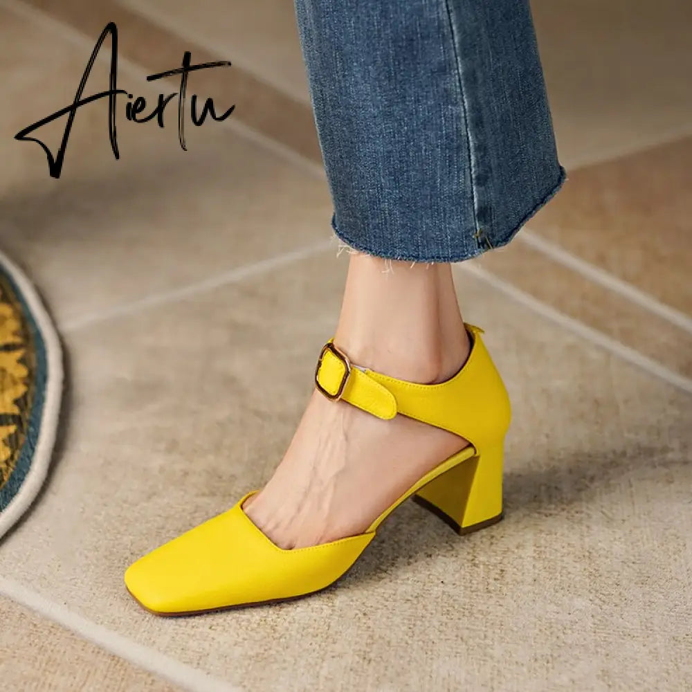 Summer New Women Shoes Square Toe High Heels Cover Heel Shoes Women Genuine Leather Women Sandals Concise Retro Mary Janes Aiertu