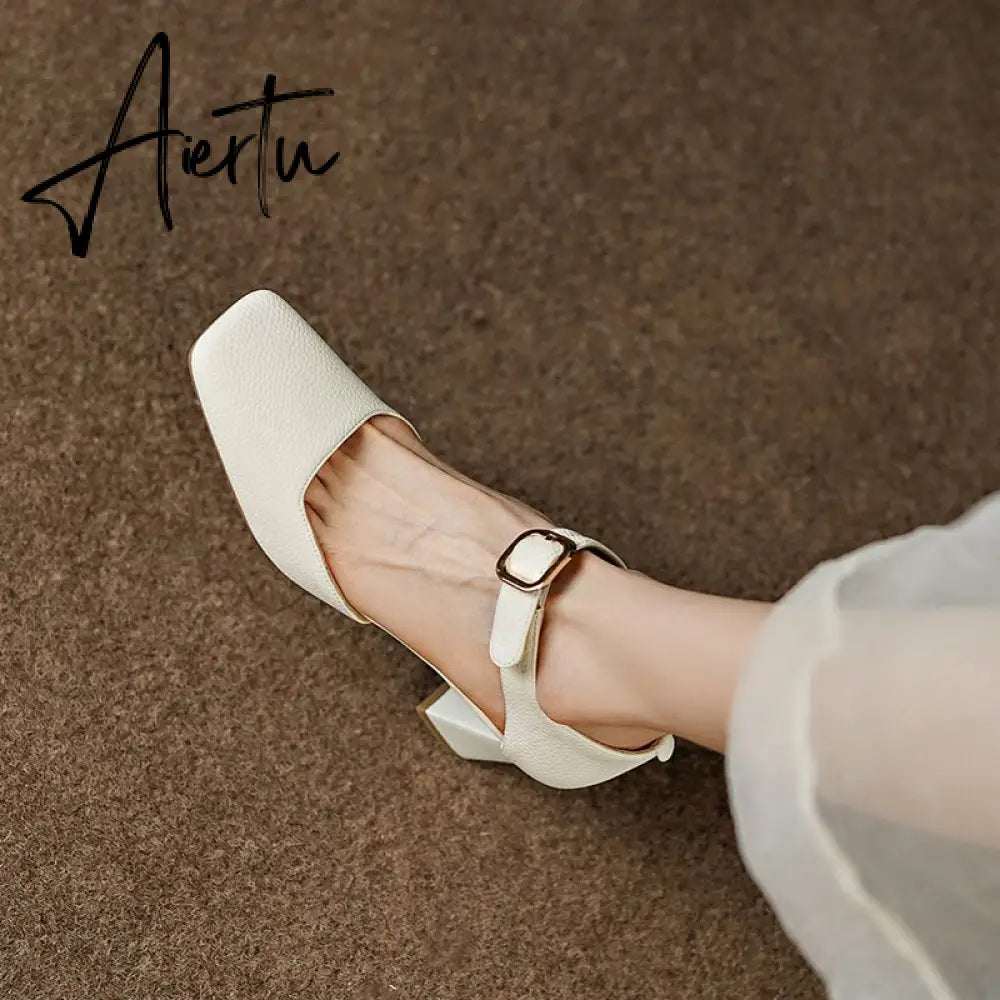 Summer New Women Shoes Square Toe High Heels Cover Heel Shoes Women Genuine Leather Women Sandals Concise Retro Mary Janes Aiertu
