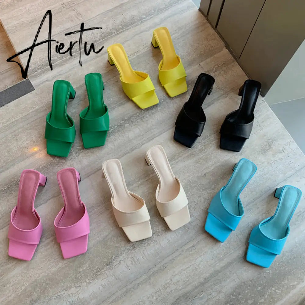 Summer New Women Slipper Fashion Candy Color Ladies Outdoor Beach Slides Square Med Heel Peep Toe Sandal Shoes Aiertu