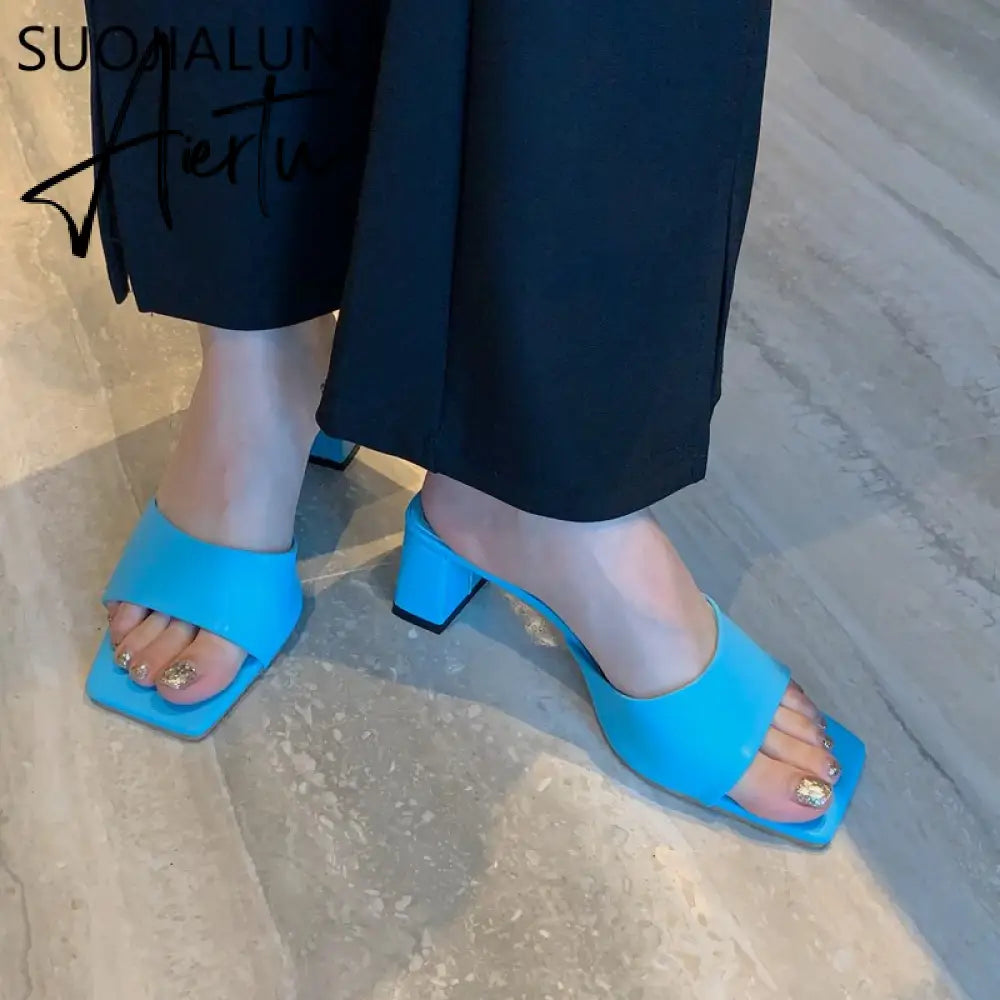 Summer New Women Slipper Fashion Candy Color Ladies Outdoor Beach Slides Square Med Heel Peep Toe Sandal Shoes Aiertu