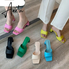 Summer New Women Slipper Fashion Candy Color Ladies Outdoor Beach Slides Square Med Heel Peep Toe Sandal Shoes Aiertu