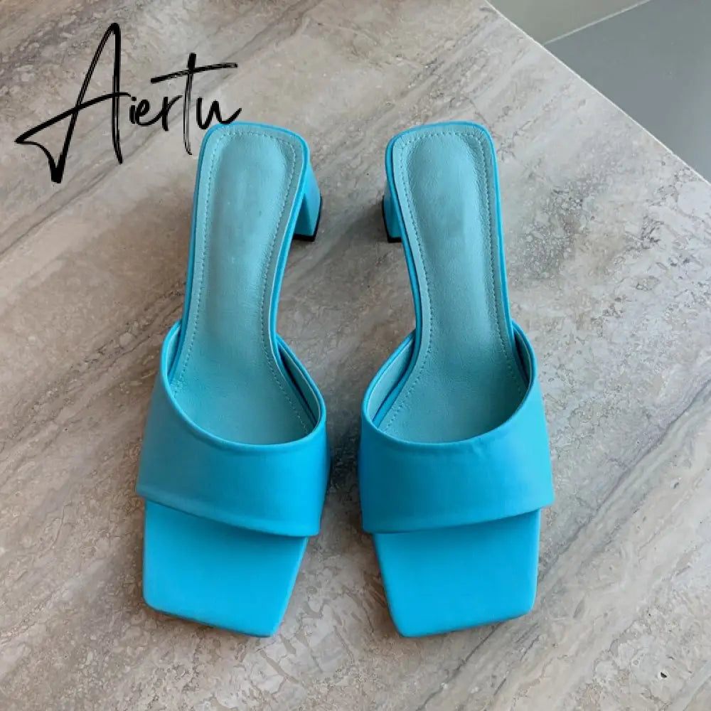 Summer New Women Slipper Fashion Candy Color Ladies Outdoor Beach Slides Square Med Heel Peep Toe Sandal Shoes Aiertu