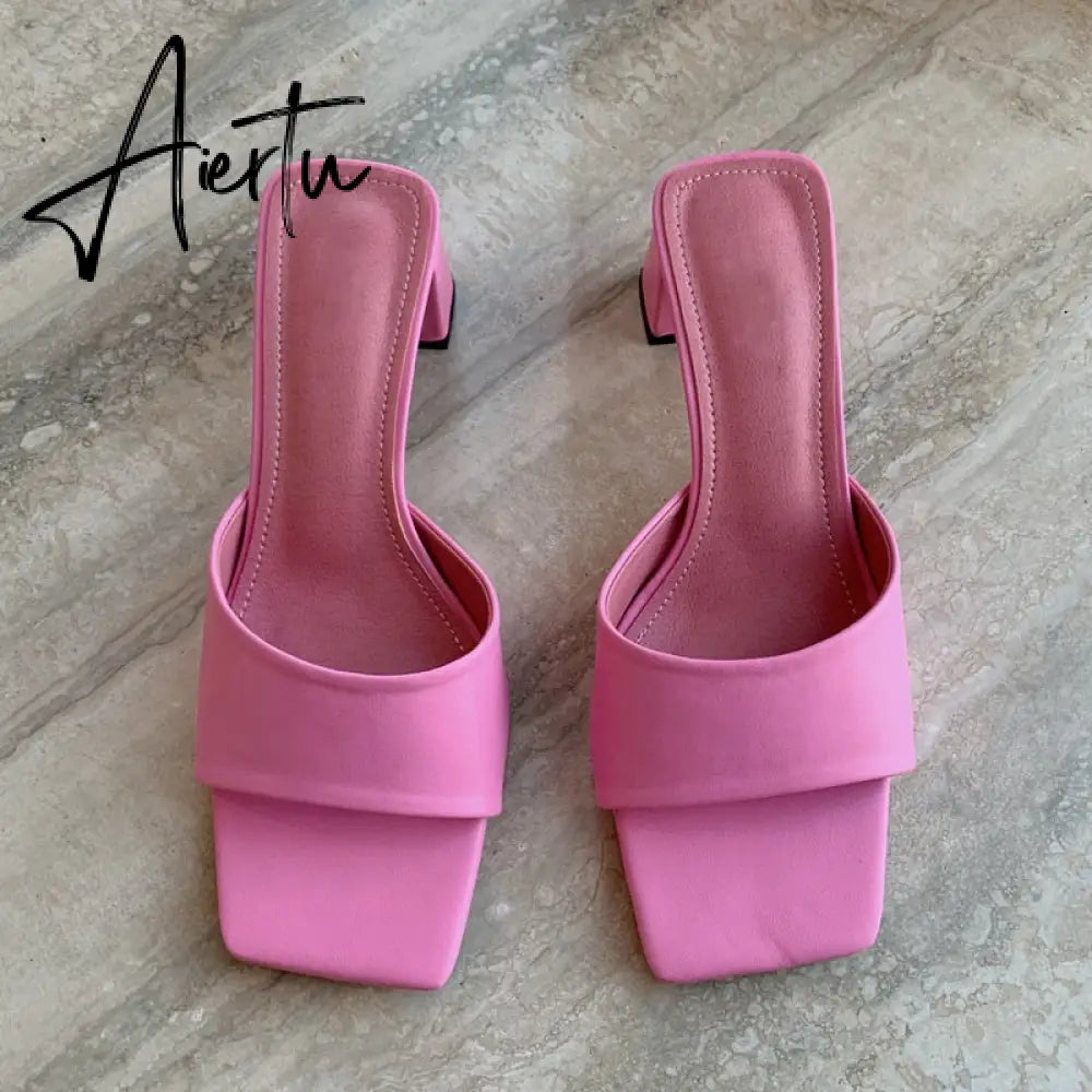 Summer New Women Slipper Fashion Candy Color Ladies Outdoor Beach Slides Square Med Heel Peep Toe Sandal Shoes Aiertu