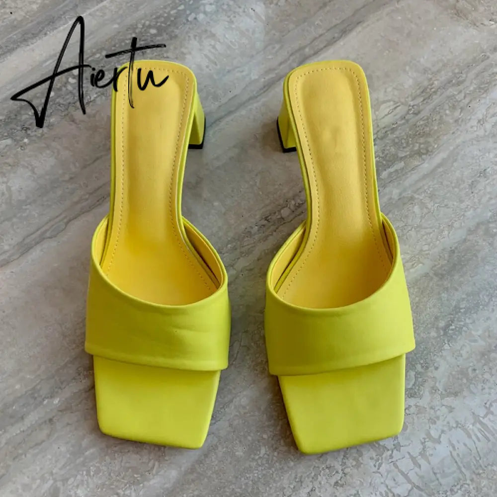 Summer New Women Slipper Fashion Candy Color Ladies Outdoor Beach Slides Square Med Heel Peep Toe Sandal Shoes Aiertu