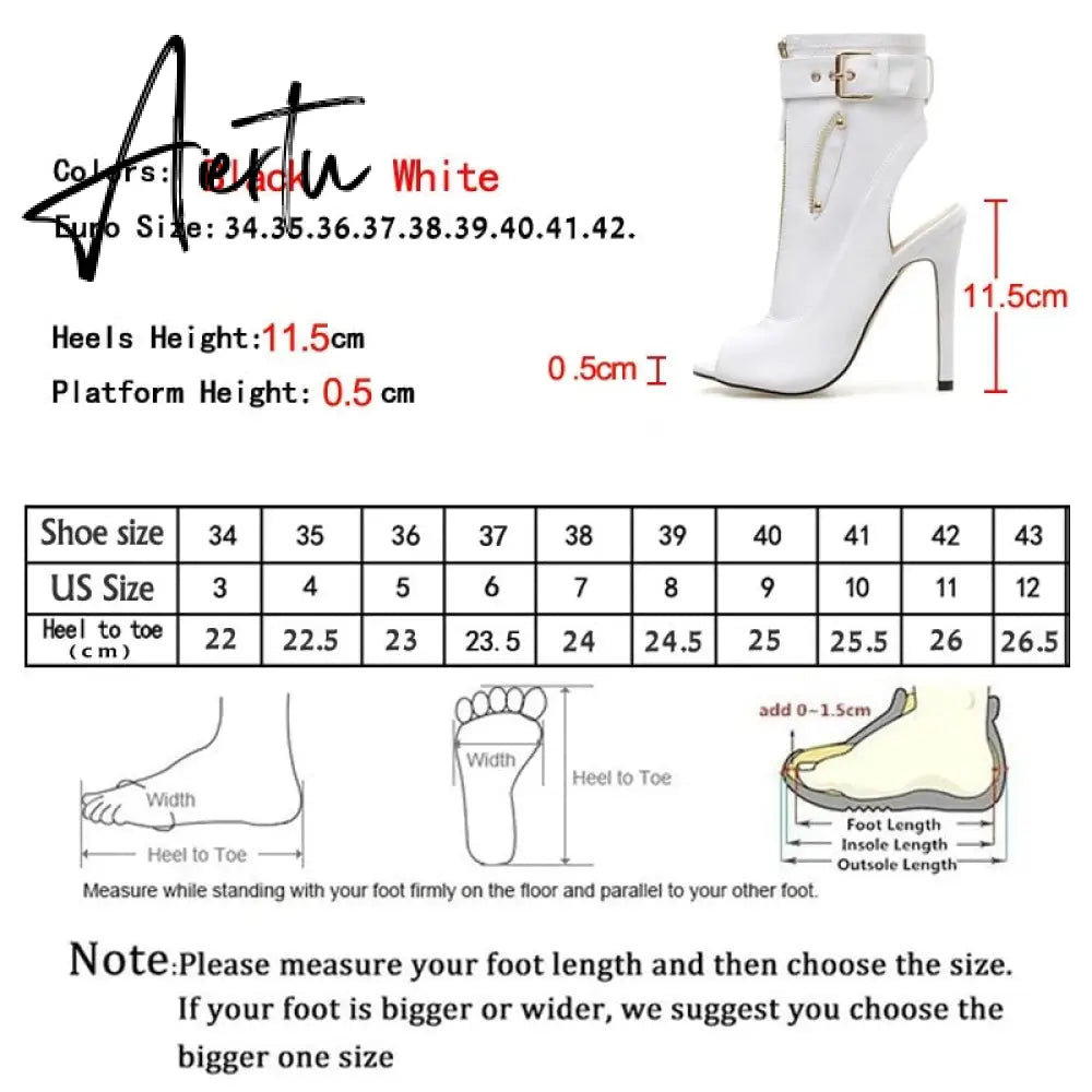 Summer New Womens Ankle Boots Sandals High Quality PU Leather Buckle Strap Zip Stiletto Heels Plus Size 35-40 Shoes Aiertu