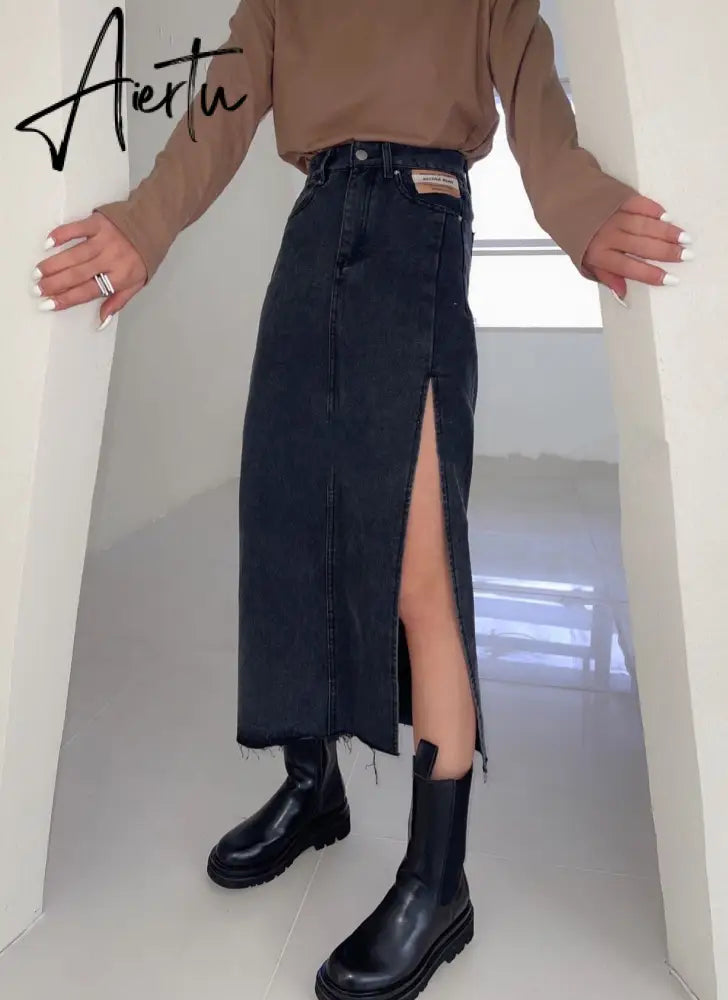 Summer New Women's Long Denim Skirt Vintage High Wasit Jeans Skirt Female Straight Side Split A-line Pencil Skirts Aiertu