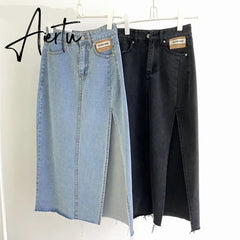 Summer New Women's Long Denim Skirt Vintage High Wasit Jeans Skirt Female Straight Side Split A-line Pencil Skirts Aiertu