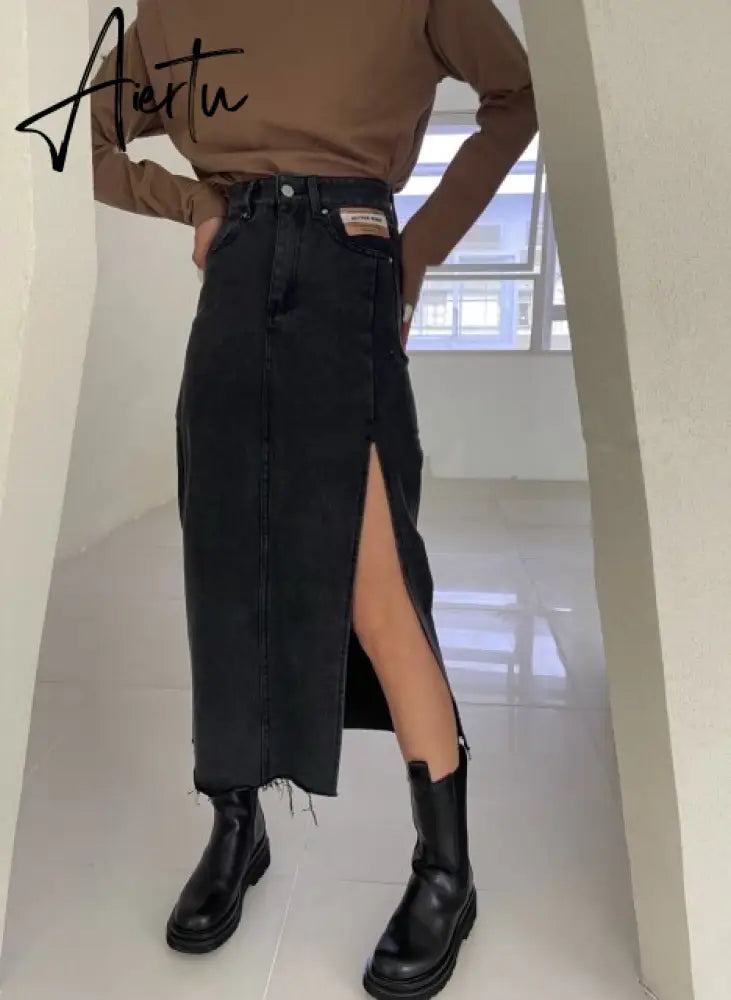 Summer New Women's Long Denim Skirt Vintage High Wasit Jeans Skirt Female Straight Side Split A-line Pencil Skirts Aiertu