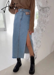 Summer New Women's Long Denim Skirt Vintage High Wasit Jeans Skirt Female Straight Side Split A-line Pencil Skirts Aiertu