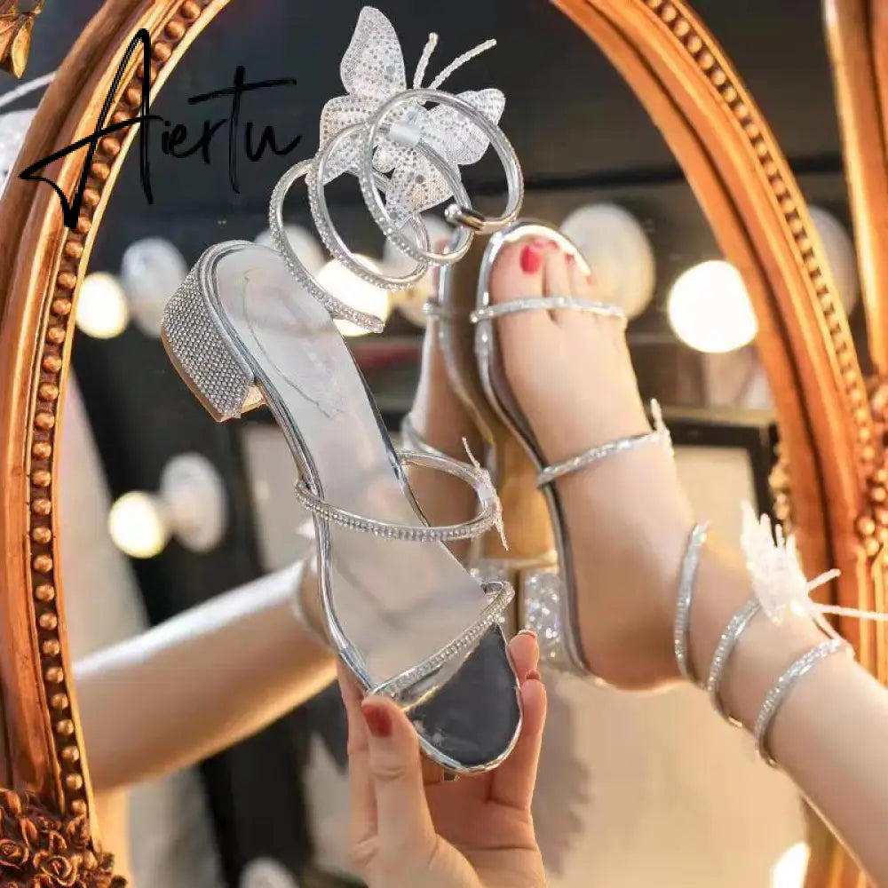 Summer New Women's Sandals Fashion Luxury Rhinestone Butterfly Snake Surround Chunky Heel Banquet Shoes Aiertu