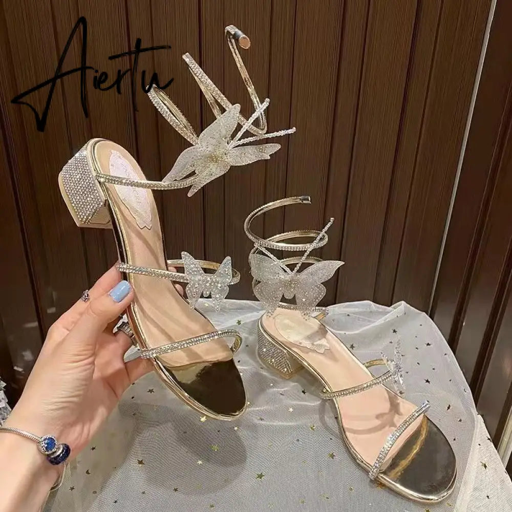 Summer New Women's Sandals Fashion Luxury Rhinestone Butterfly Snake Surround Chunky Heel Banquet Shoes Aiertu