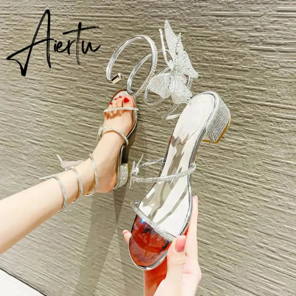 Summer New Women's Sandals Fashion Luxury Rhinestone Butterfly Snake Surround Chunky Heel Banquet Shoes Aiertu