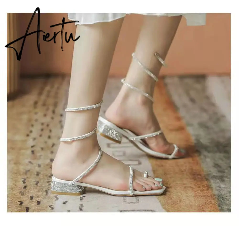 Summer New Women's Sandals Fashion Luxury Rhinestone Butterfly Snake Surround Chunky Heel Banquet Shoes Aiertu