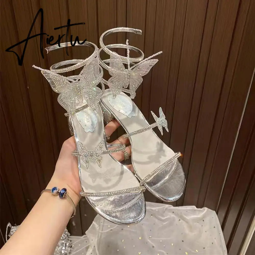 Summer New Women's Sandals Fashion Luxury Rhinestone Butterfly Snake Surround Chunky Heel Banquet Shoes Aiertu