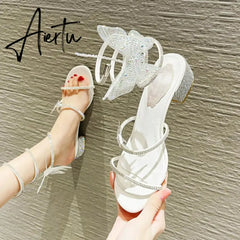 Summer New Women's Sandals Fashion Luxury Rhinestone Butterfly Snake Surround Chunky Heel Banquet Shoes Aiertu