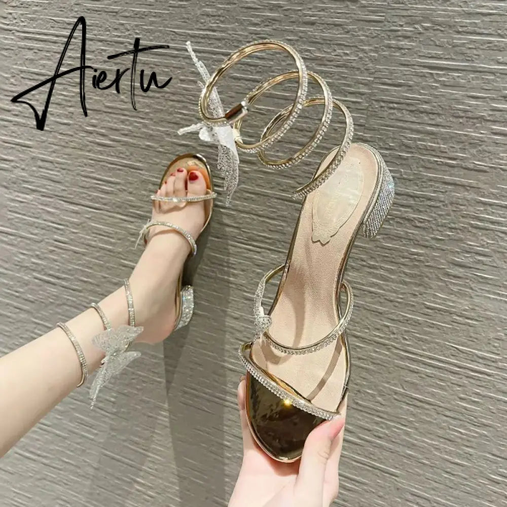 Summer New Women's Sandals Fashion Luxury Rhinestone Butterfly Snake Surround Chunky Heel Banquet Shoes Aiertu