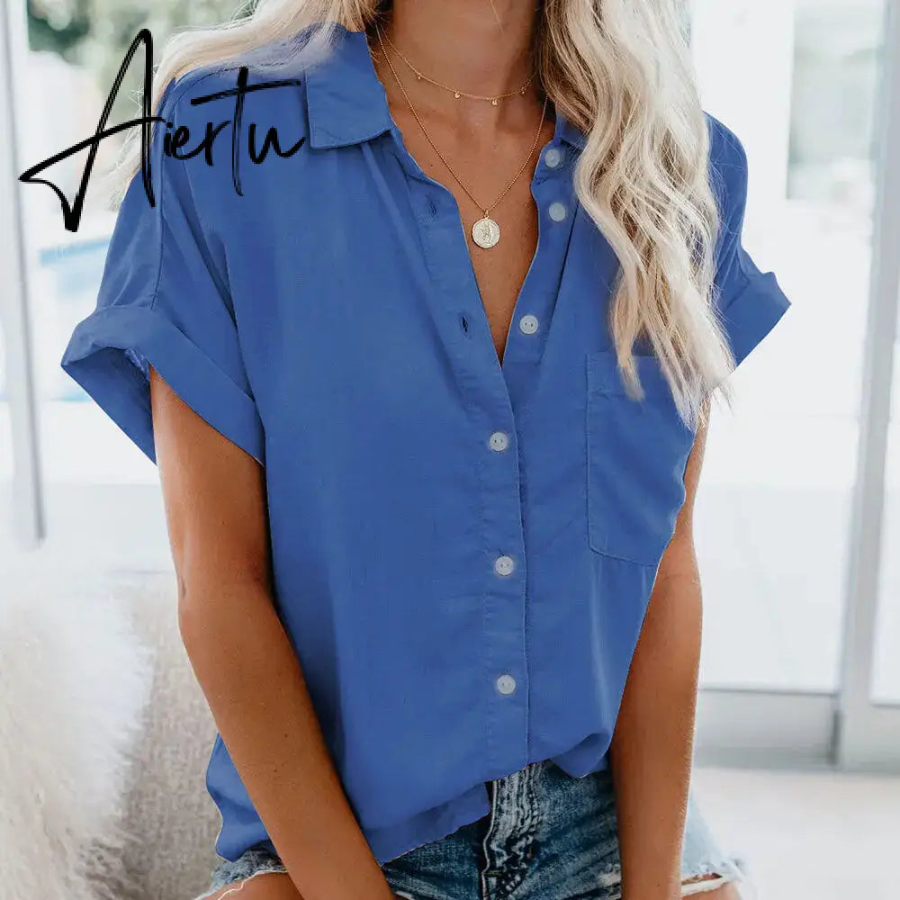 Summer Office Lady Solid Tops and Blouses Casual Turn-drow Collar Shirt for Women Elegant Short Sleeve Loose Blouse Aiertu