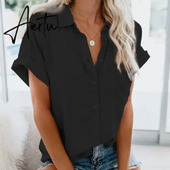 Summer Office Lady Solid Tops and Blouses Casual Turn-drow Collar Shirt for Women Elegant Short Sleeve Loose Blouse Aiertu