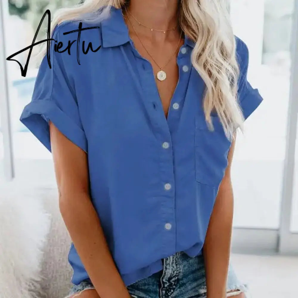 Summer Office Lady Solid Tops and Blouses Casual Turn-drow Collar Shirt for Women Elegant Short Sleeve Loose Blouse Aiertu