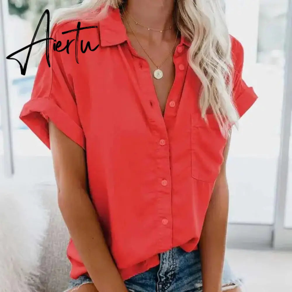 Summer Office Lady Solid Tops and Blouses Casual Turn-drow Collar Shirt for Women Elegant Short Sleeve Loose Blouse Aiertu