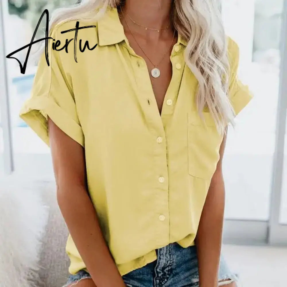 Summer Office Lady Solid Tops and Blouses Casual Turn-drow Collar Shirt for Women Elegant Short Sleeve Loose Blouse Aiertu