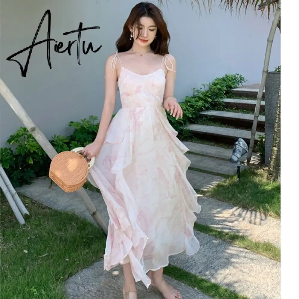 Summer Party Midi Elegant Dress Women Strap Sexy Design High Wasit Vintage Casual Dress Sleeveless Chiffon Sweet Dress Aiertu