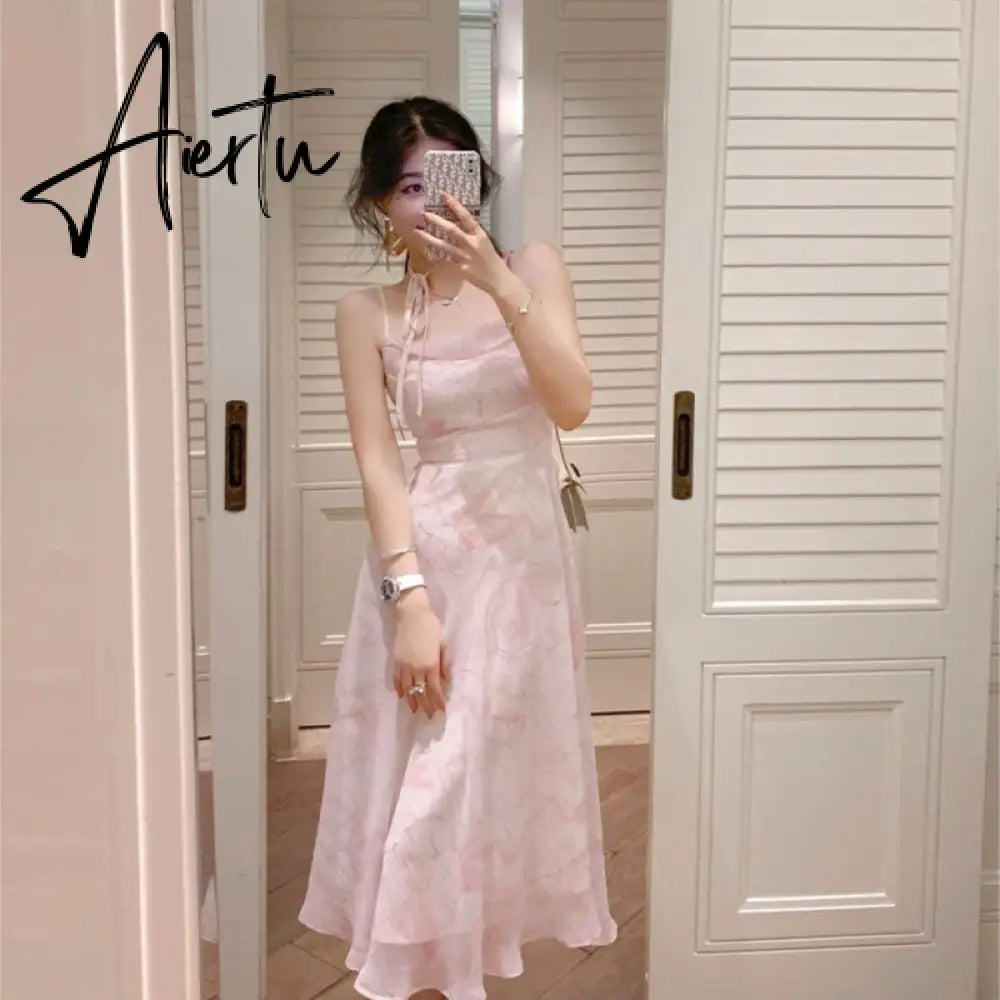 Summer Party Midi Elegant Dress Women Strap Sexy Design High Wasit Vintage Casual Dress Sleeveless Chiffon Sweet Dress Aiertu