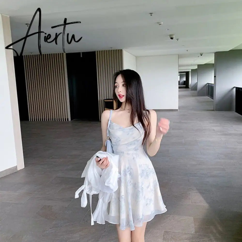 Summer Party Midi Elegant Dress Women Strap Sexy Design High Wasit Vintage Casual Dress Sleeveless Chiffon Sweet Dress Aiertu