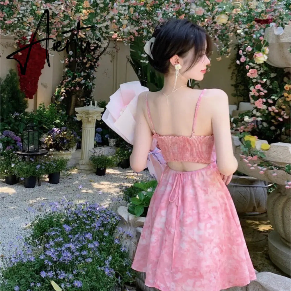 Summer Party Midi Elegant Dress Women Strap Sexy Design High Wasit Vintage Casual Dress Sleeveless Chiffon Sweet Dress Aiertu