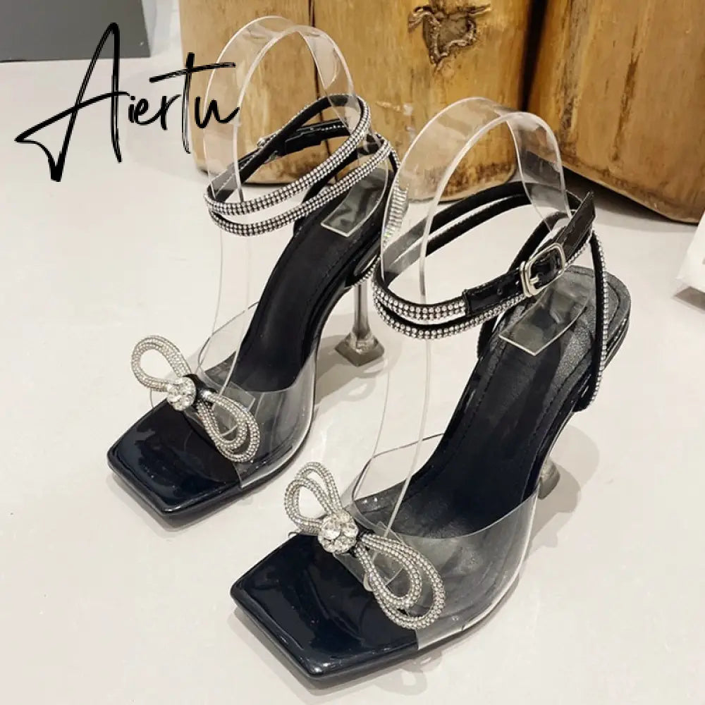 Summer Party Wedding Sandals Ladies Fashion Crystal Rhinestone Bowknot High Heels PVC Transparent Shoes Women Pumps Aiertu