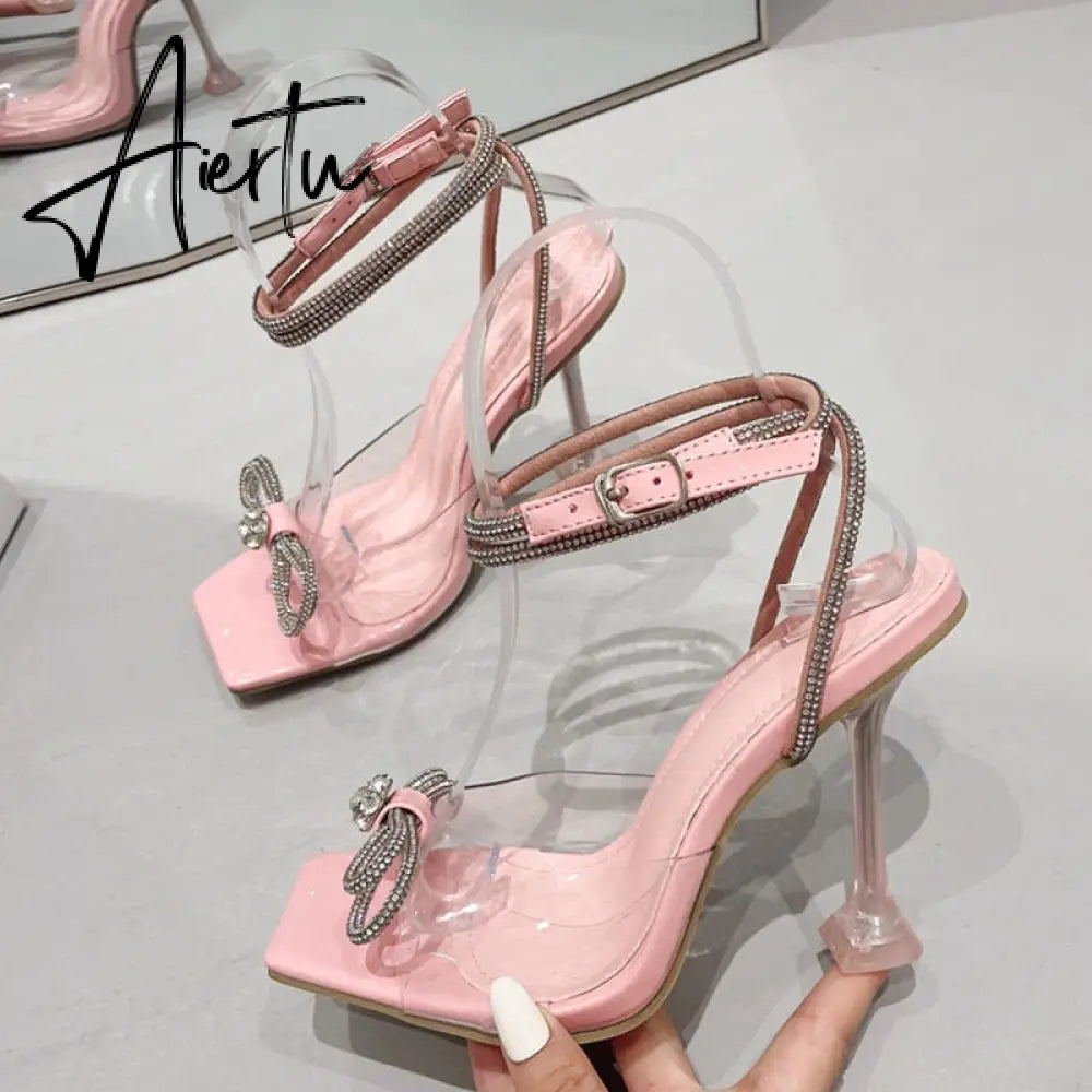 Summer Party Wedding Sandals Ladies Fashion Crystal Rhinestone Bowknot High Heels PVC Transparent Shoes Women Pumps Aiertu