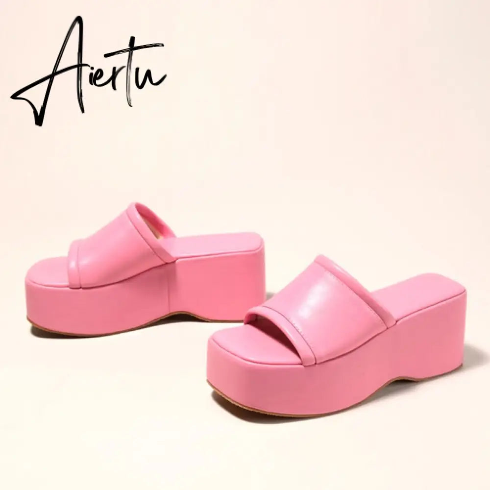 Summer Pink Wedge Slippers Women Platform Sandals Cozy Leather Peep Toe Slip On High Heels Casual Beach Slide Shoes Female Aiertu