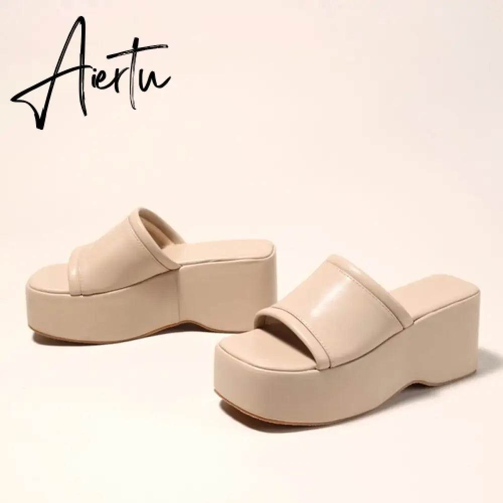 Summer Pink Wedge Slippers Women Platform Sandals Cozy Leather Peep Toe Slip On High Heels Casual Beach Slide Shoes Female Aiertu